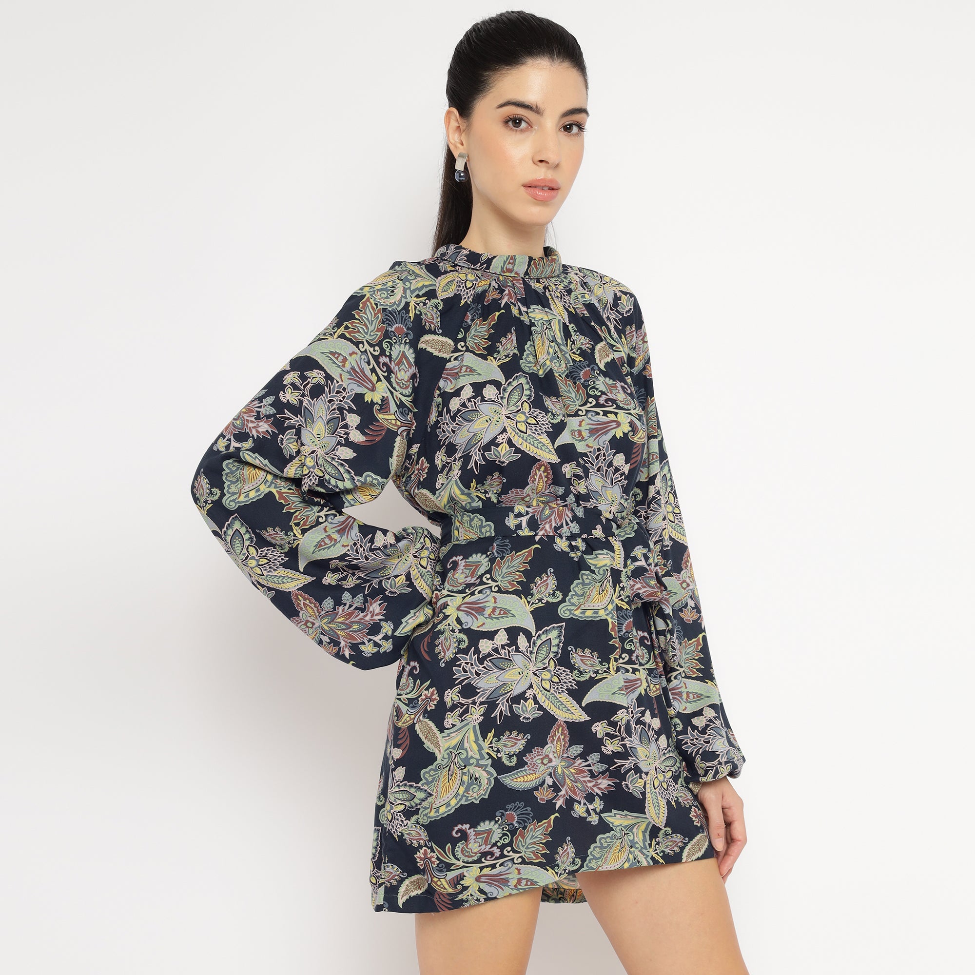 Botanical Print High-Neck Mini Dress
